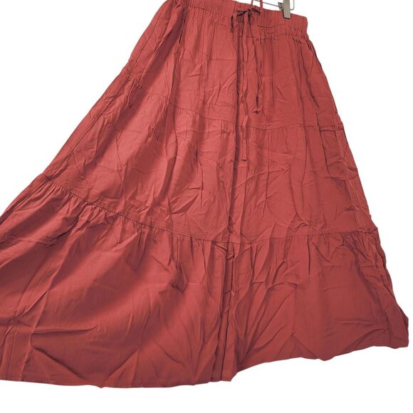 Women's  Pleated Midi  Skirt Drawstring Elastic Waist Red Red Brown Medium - Picture 3 of 8